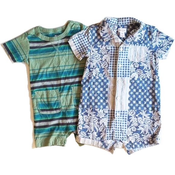 2 100% Cotton One Piece Rompers Blue Floral Green Stripes 12-18M Cat & Jack Tea - Picture 1 of 10